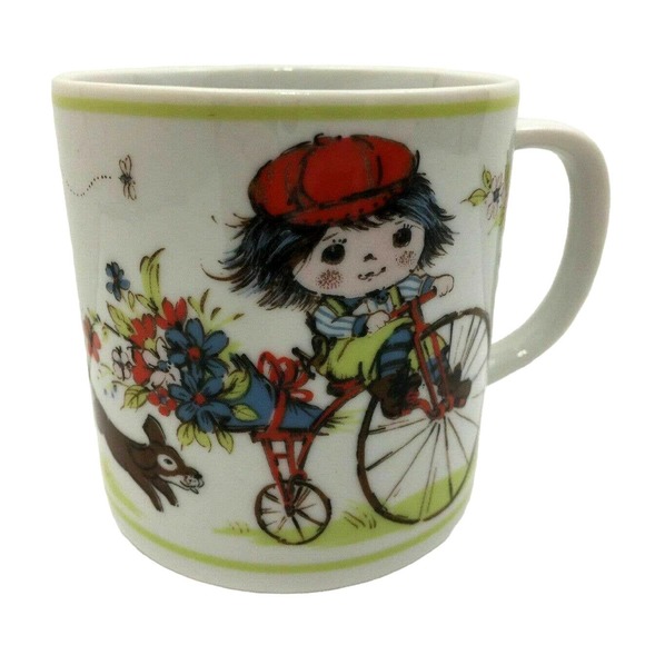 Dog Chasing Little Girl on Bicycle Colorful Bouquet of Flowers Japan Coffee Mug - Picture 1 of 7